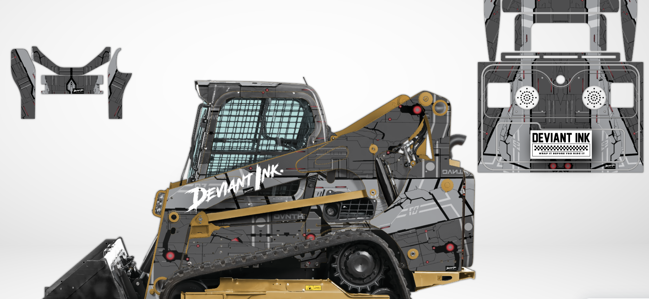 CAT skid steer with Distroyr wrap featuring futuristic industrial graphics by Deviant Ink
